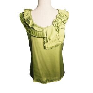 Allison Taylor Green Silky Top with Pleated Floral Statement Neckline Size Small